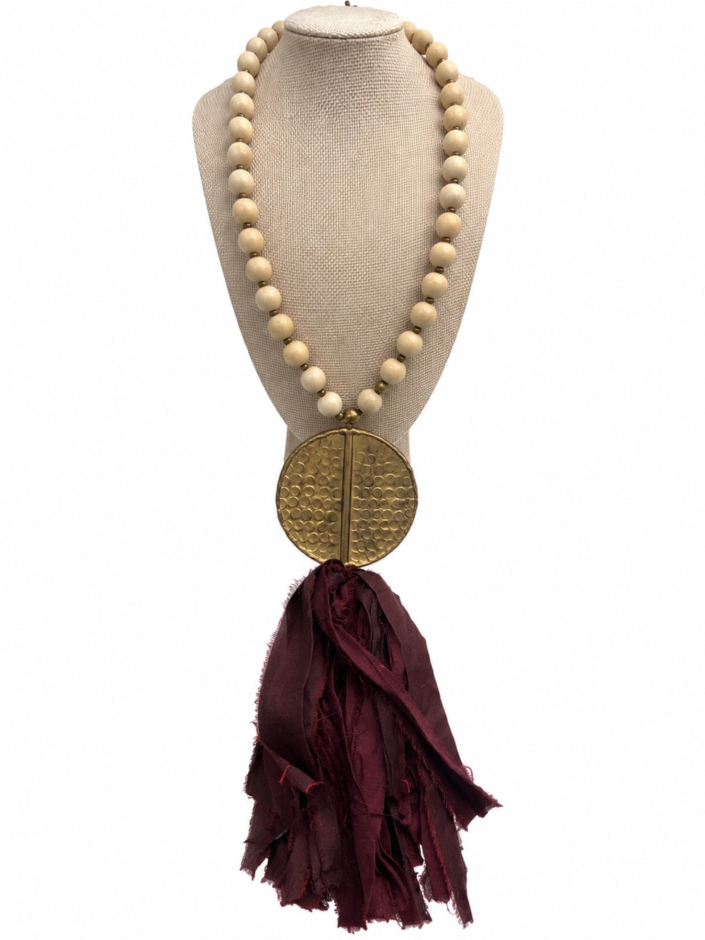 Boho Cream Beaded Necklace with Gold Pendant and Burgundy Tassel